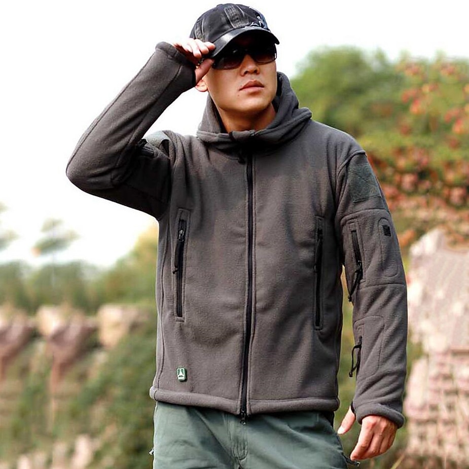 Men's Warm Military Tactical Jacket Sport Fleece Hooded Jacket Winter Adventure Jacket Coats Outdoor Windproof Multi Pockets Lightweight Full Zip Jacket Trench Coat Top Camping Hunting Fishing