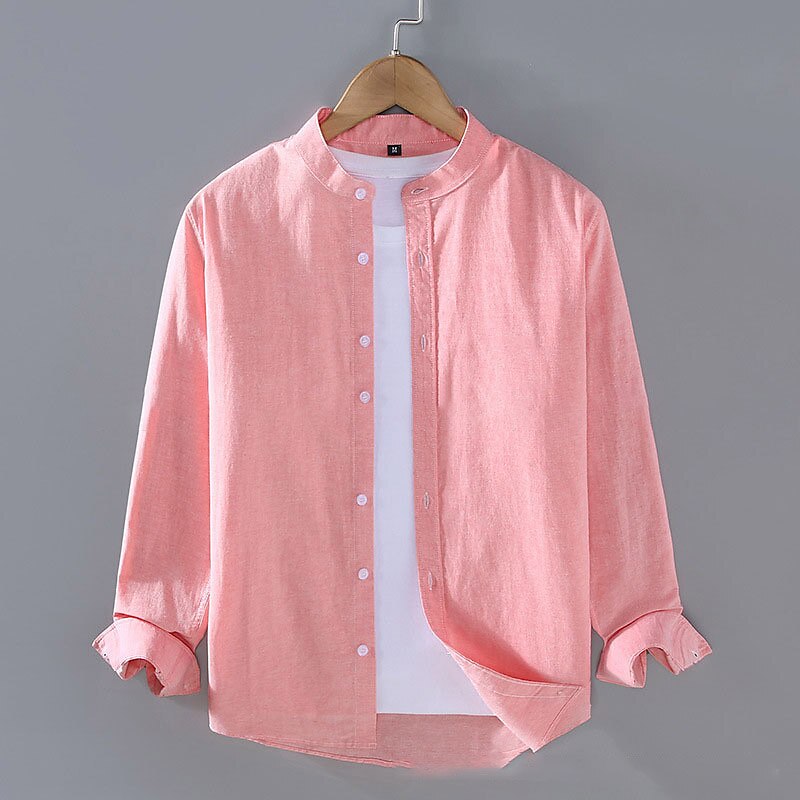 Men's Summer Beach Long Sleeve Plain Stand Collar Spring & Summer Hawaiian Holiday Clothing Apparel Basic Linen Shirt