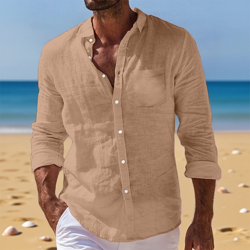 Men's Shirt Linen Shirt Summer Shirt Button Down Shirt Beach Shirt Untucked Shirts Plain Vacation Daily Wear Black White Light Green Pink Long Sleeve Turndown Summer Spring &  Fall Clothing Apparel