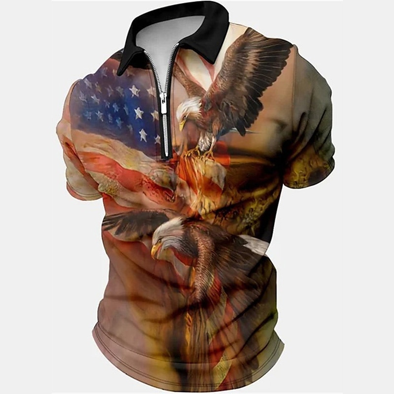 Men's Polo Shirt Zip Polo Golf Shirt Graphic Prints Eagle American Flag Turndown White Red Blue Brown Dark Blue Outdoor Street Short Sleeves Zipper Print Clothing Apparel Fashion Designer Casual