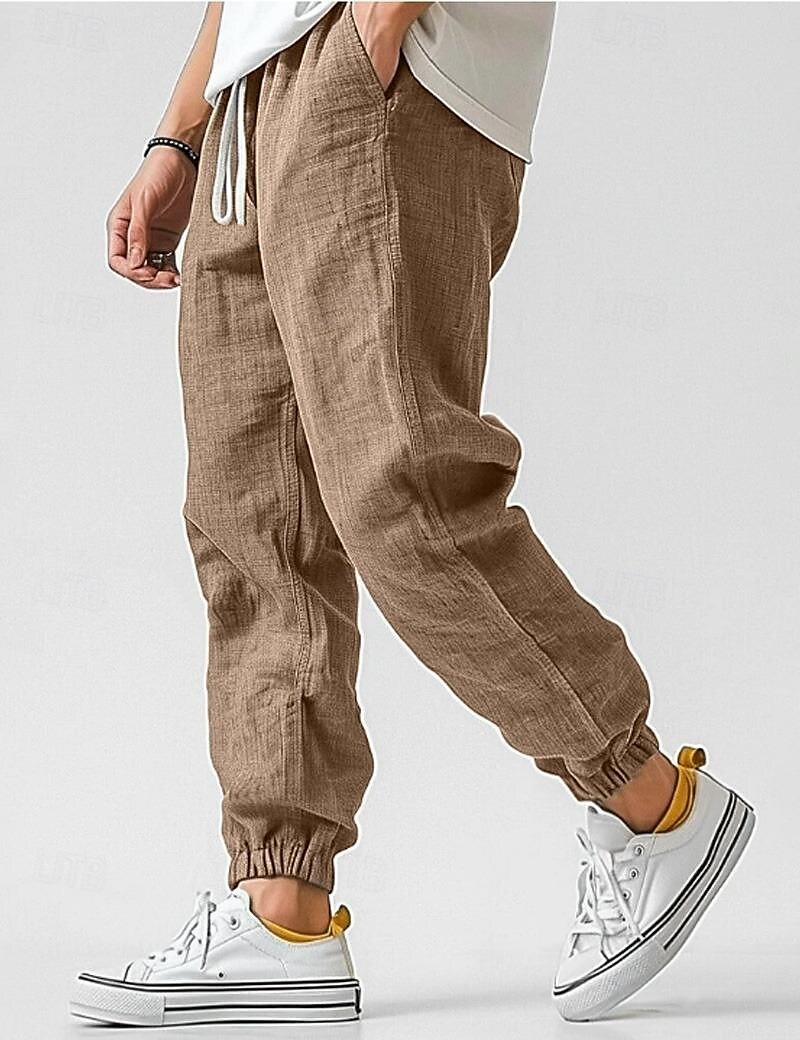 Men's Linen Pants Trousers Summer Pants Elastic Waist Straight Leg High Rise Solid Color Comfort Breathable Full Length Wedding Holiday Vacation Fashion Gray Green Black High Waist Inelastic