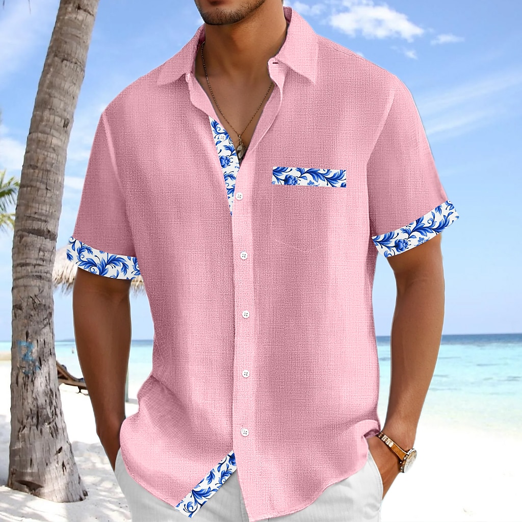 Men's Shirt Linen Shirt Summer Shirt Beach Shirt Plaid Vacation Holiday White Pink Navy Blue Light Blue Short Sleeve Collar Summer Clothing Apparel