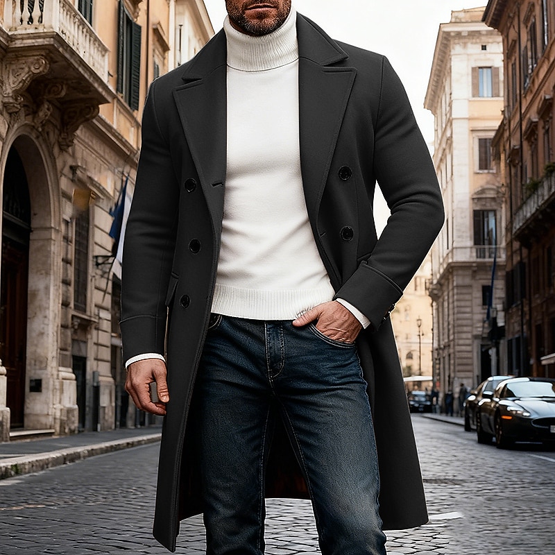 Men's Winter Coat Overcoat Long Trench Coat Trench Coat Outdoor Casual Fall Winter Polyester Thermal Warm Outerwear Clothing Apparel Classic Plain Pocket Notch lapel collar