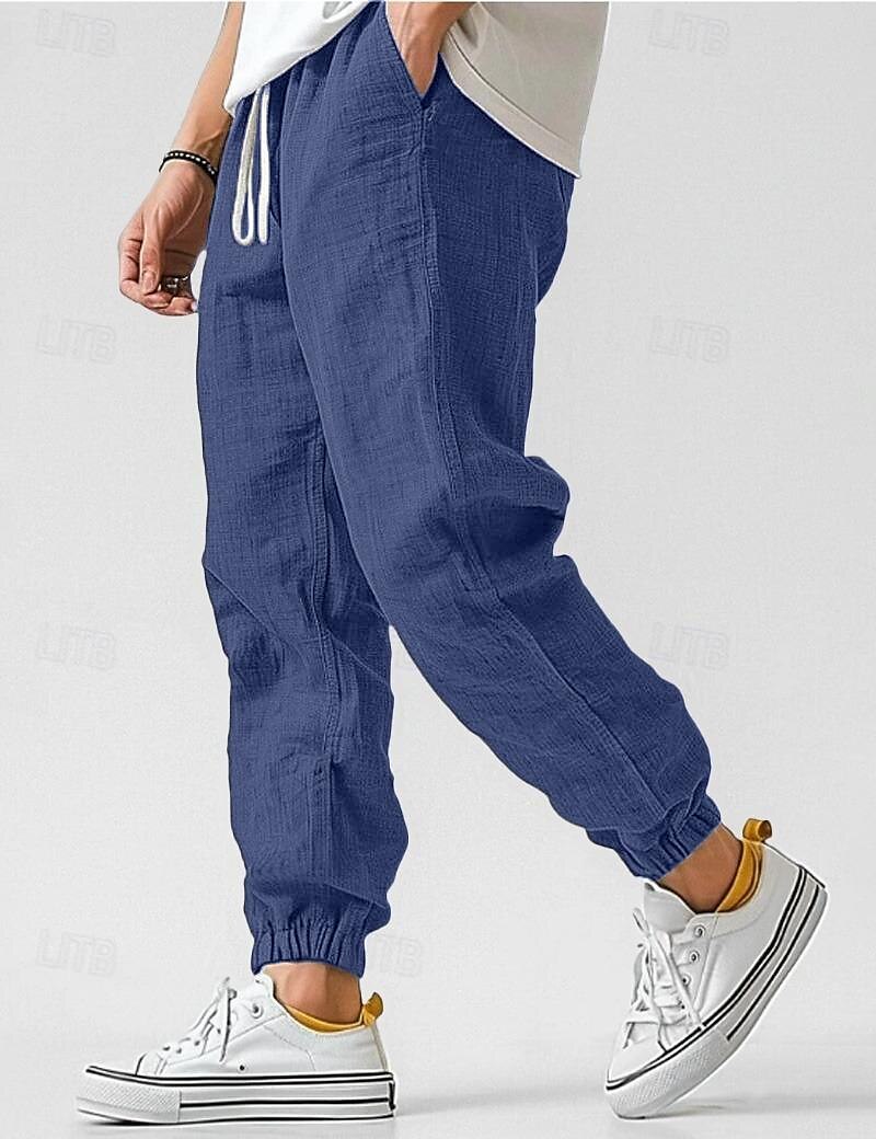 Men's Linen Pants Trousers Summer Pants Elastic Waist Straight Leg High Rise Solid Color Comfort Breathable Full Length Wedding Holiday Vacation Fashion Gray Green Black High Waist Inelastic