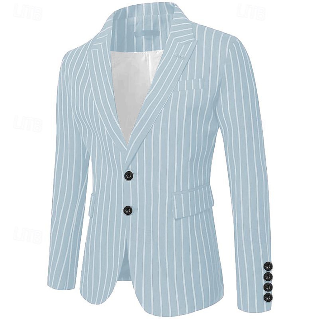 Men's Graduation Blazer Cocktail Attire Business Formal Evening Wedding Party Only tops Fashion Casual Summer Spring &  Fall Polyester Stripes Pocket Casual / Daily Single Breasted Blazer Black White