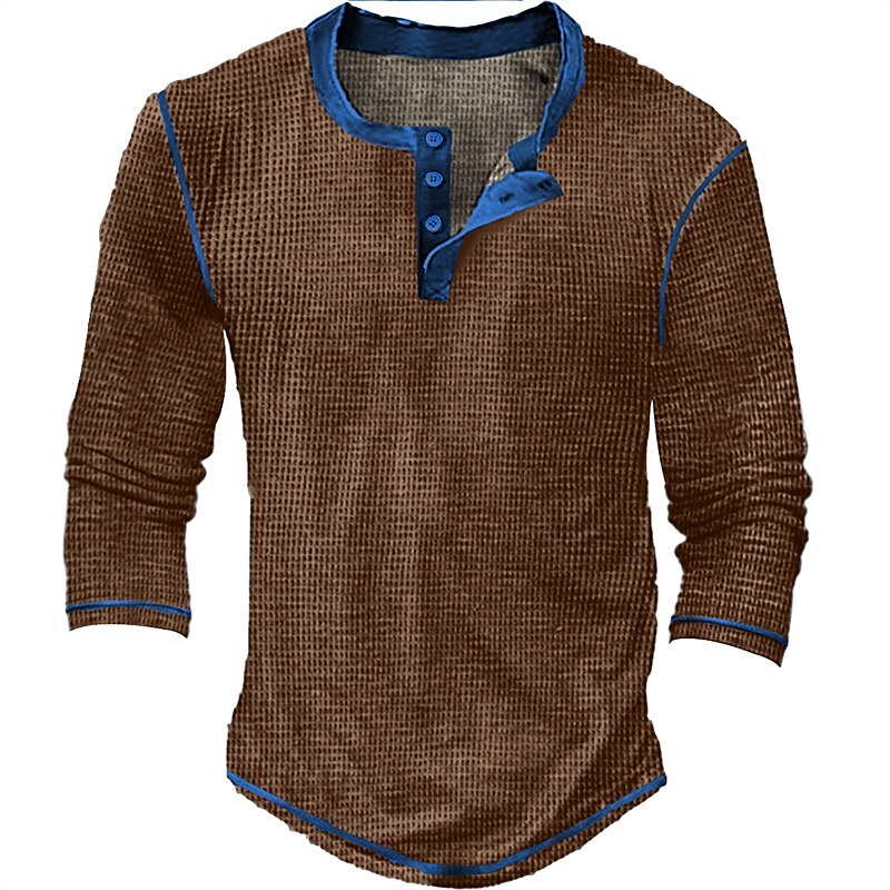 Men's Henley Waffle Knit Long Sleeve Color Block Street Vacation Patchwork Clothing Apparel Fashion Designer Basic T-shirt