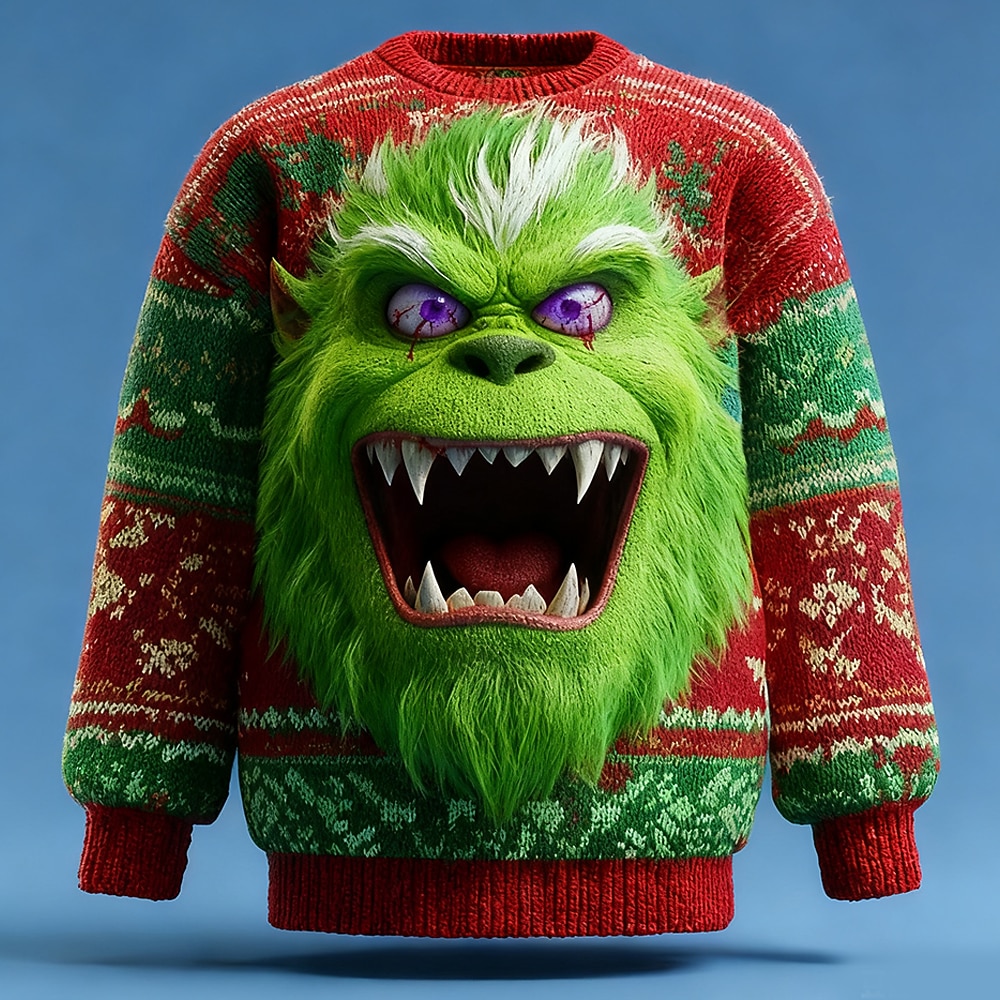 Ugly Christmas Sweater Men's 3D Print Holiday 3D Cartoon Pullover Sweater Jumper Knitwear Crewneck Casual Vacation Daily Festival Knitting Keep Warm Long Sleeve Spring Fall Winter Red -1 Red -2 Red -3