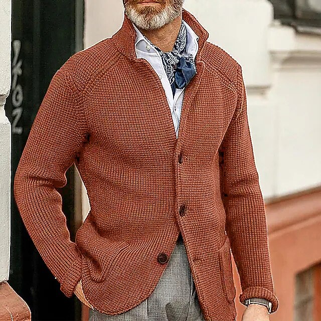 Men's Sweater Cardigan Sweater Jacket Blazer Waffle Knit  Stand Collar Cropped Knitted Solid Color Long Sleeve Basic Stylish Outdoor Daily Clothing Apparel Fall Winter Blue Khaki S M L