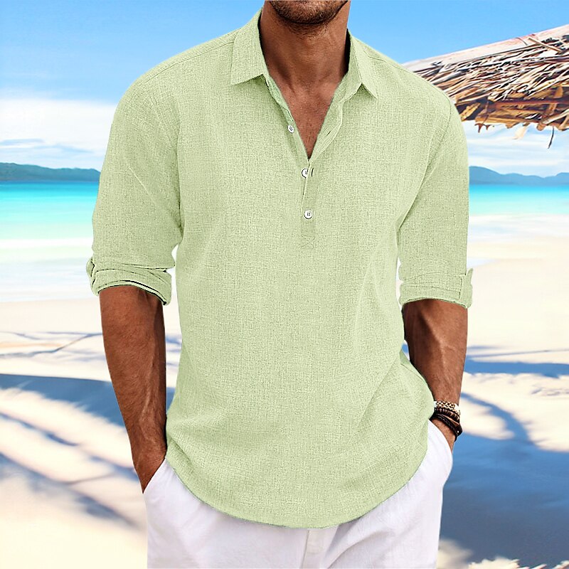 Men'sLinen Summer Beach Long Sleeve Plain Lapel Spring & Summer Casual Daily Clothing Apparel Shirt 