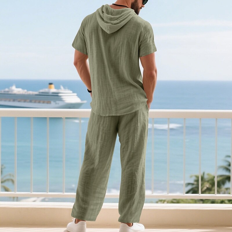 Men's T-shirt Suits Shirt and Pant Sets 2 Pieces Outfits Short Sleeve Hooded Summer Spring Plain Fashion Casual Drawstring 2 Piece Buttons Vacation Daily Wear Going out Black White Yellow Top Tee for