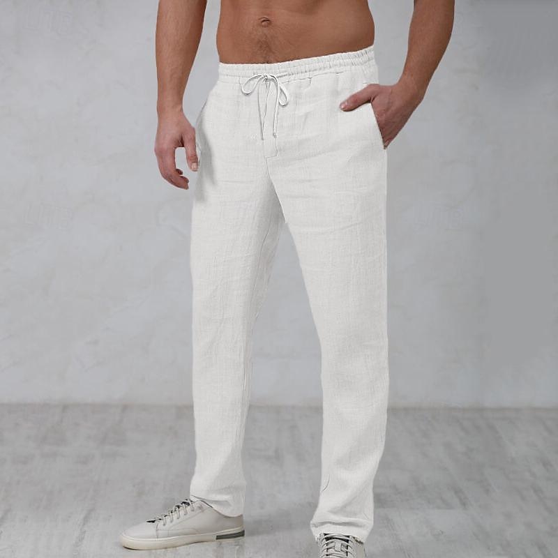 Men's Linen Pants Trousers Summer Pants Beach Pants Drawstring Elastic Waist Straight Leg Plain Comfort Outdoor Casual Daily Streetwear Stylish White Navy Blue