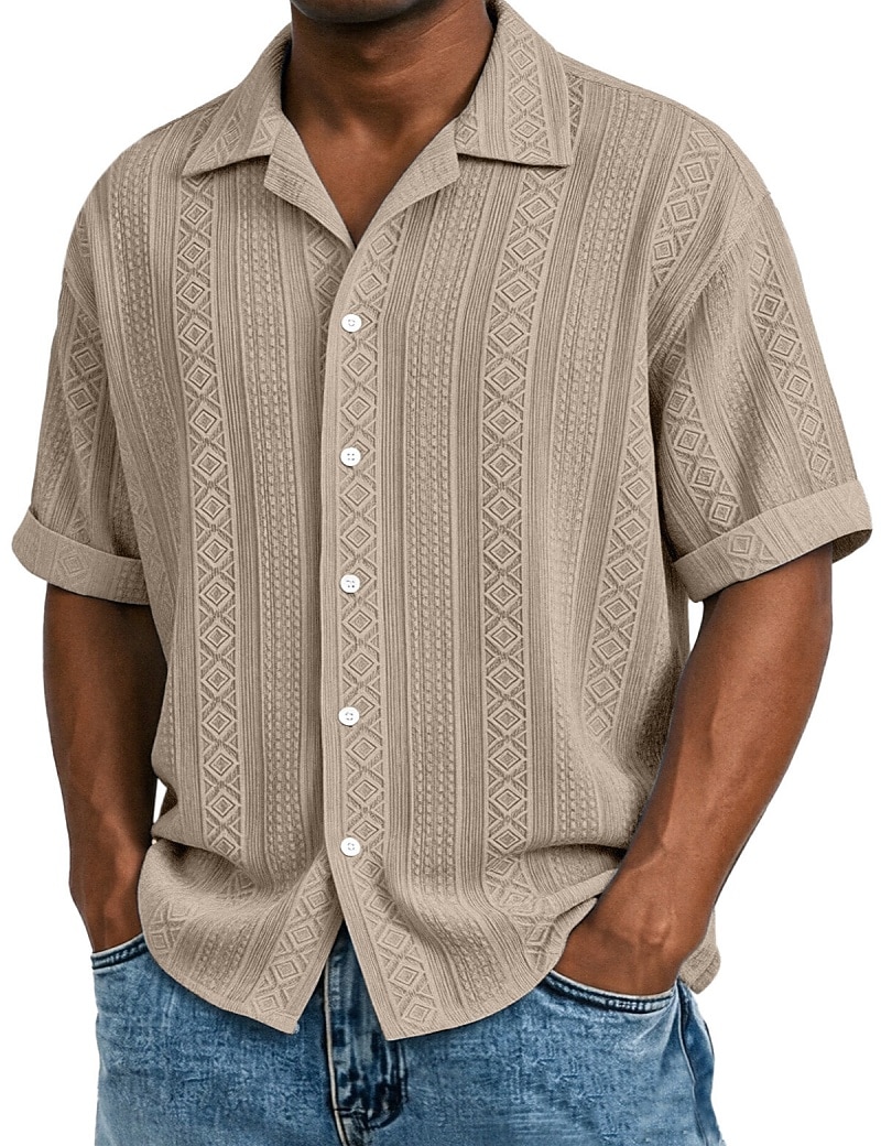 Men's Shirt Texture Button Down Shirt Jacquard Shirt Black White Light Green Navy Blue Purple Short Sleeve Geometric Lapel Daily Outdoor Jacquard Clothing Apparel Streetwear Casual