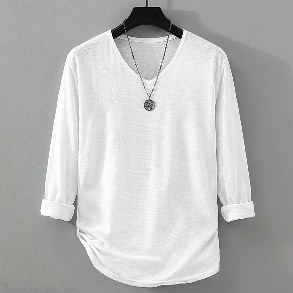 Men's Tee Top Linen T-Shirt Long Sleeve V Neck Summer Spring Solid Color Plain Daily Casual Street Style Plain Casual Outdoor Street Blue Lake blue Black Top Tee for Men
