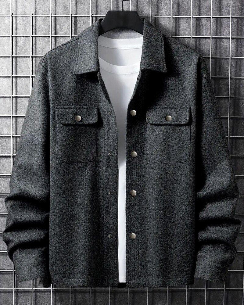 Men's Shirt Jacket Casual Jacket Vacation Daily Breathable Pocket Spring Fall Plain Fashion Classic Lapel Regular Dark Gray Black Navy Blue Khaki Light Grey Jacket