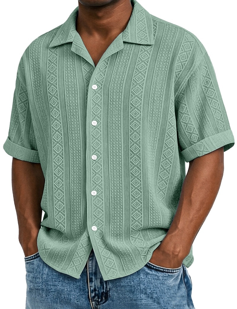 Men's Shirt Texture Button Down Shirt Jacquard Shirt Black White Light Green Navy Blue Purple Short Sleeve Geometric Lapel Daily Outdoor Jacquard Clothing Apparel Streetwear Casual