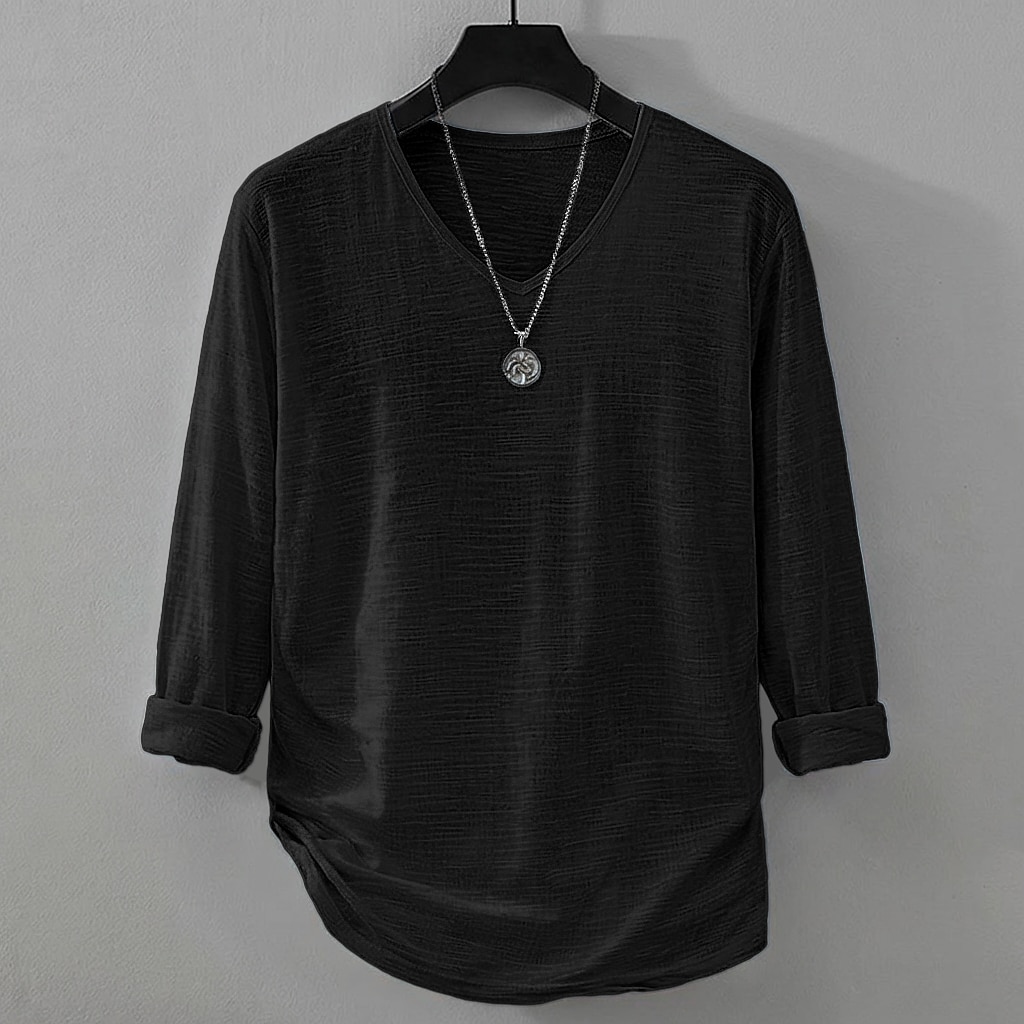 Men's Tee Top Linen T-Shirt Long Sleeve V Neck Summer Spring Solid Color Plain Daily Casual Street Style Plain Casual Outdoor Street Blue Lake blue Black Top Tee for Men