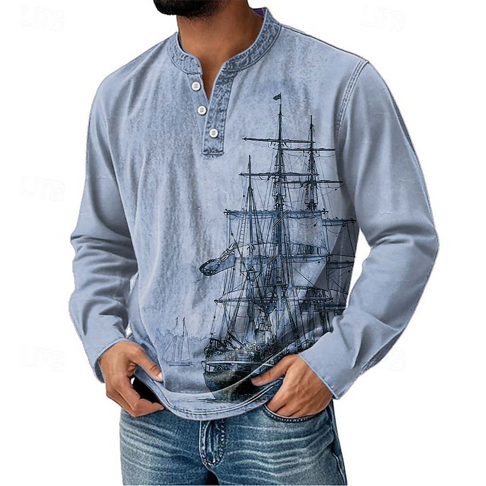 Men's Henley Shirt Long Sleeve Vintage Fashion Daily Casual Holiday Going out Spring Spring &  Fall All Seasons Navy-blue Deep Green Dark Grey Black Blue Henley Henley T-Shirt