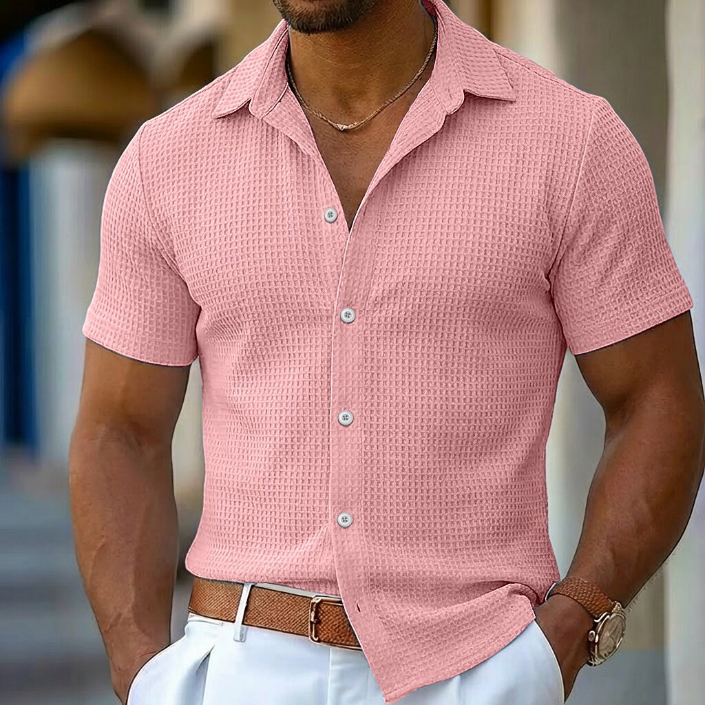 Men's Shirt Waffle Shirt Texture Casual Shirt Button Up Shirt Blue Black White Pink khaki Short Sleeve Plain Lapel Casual Daily Clothing Apparel Fashion Modern Casual Comfortable