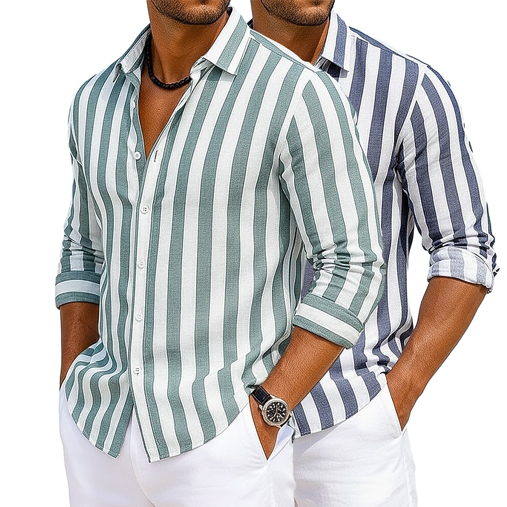 2-Pack Men's Shirt Cotton Linen Shirt Summer Shirt Beach Shirt Striped Shirts Vertical Stripes Casual Vacation Pink+Yellow Yellow+green Green+pink Navy Blue+Yellow Long Sleeve Turndown Summer Spring Clothing