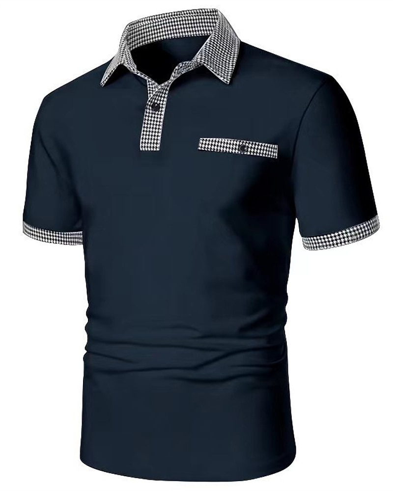 Men's Golf Shirt Golf Polo Work Casual Lapel Short Sleeve Basic Modern Color Block Houndstooth Patchwork Spring & Summer Regular Fit Black White Red Navy Blue Blue Beige Golf Shirt