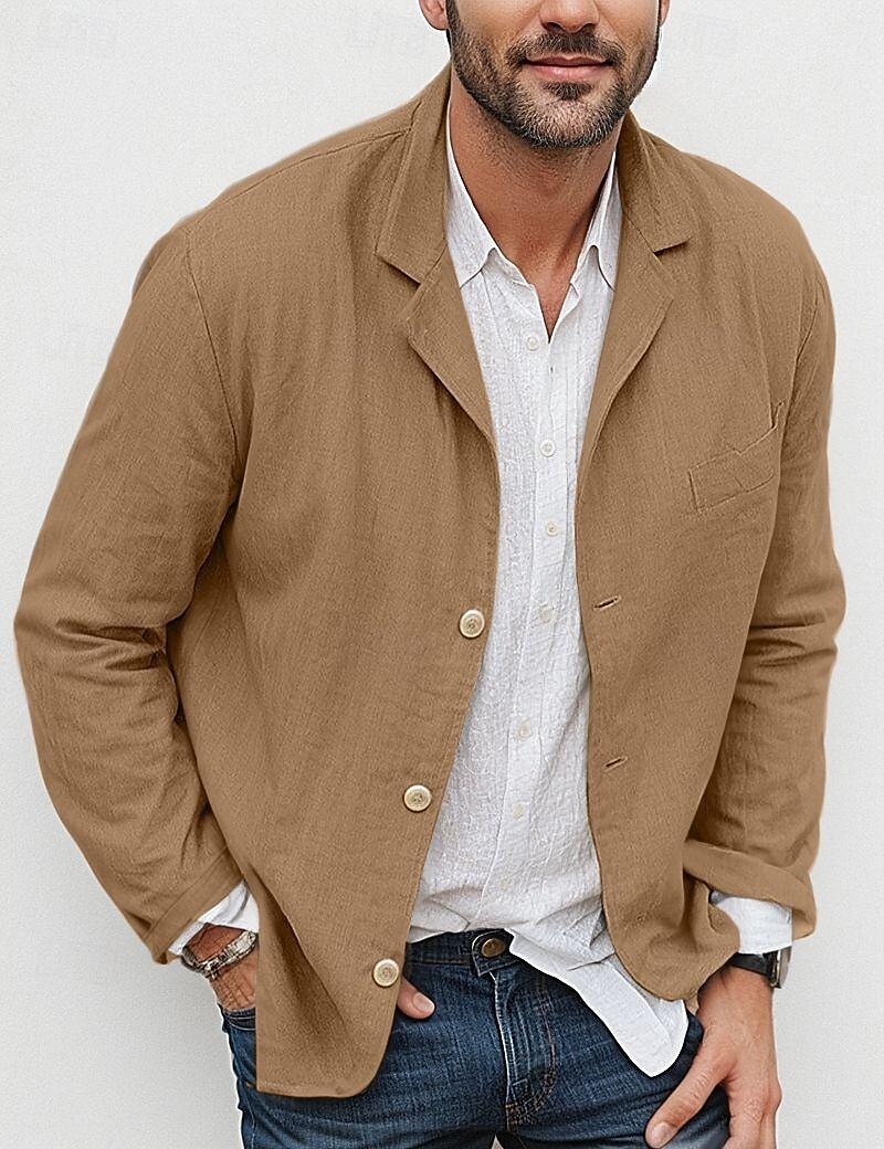Men's Lightweight Jacket Blazer Jacket Linen Blazer Formal Office Spring Cotton And Linen Solid Color Comfy Single Breasted Blazer Light Green Navy Blue Brown khaki