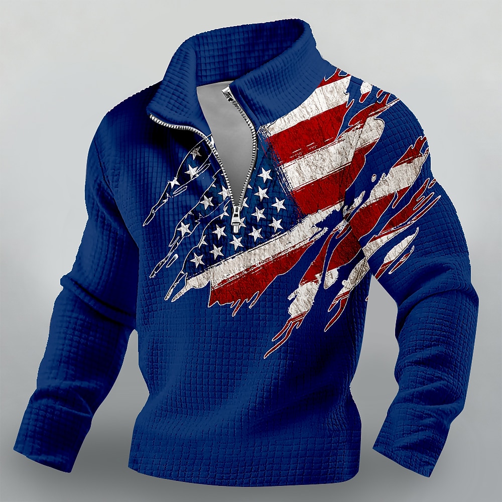 America's 250th Anniversary Men's American US Flag Waffle Sweatshirt Fashion Daily Classic Casual Stand Collar Quarter Zip Home Outdoor Office Work Blue Black White Red Zip Up Fall Winter Designer S