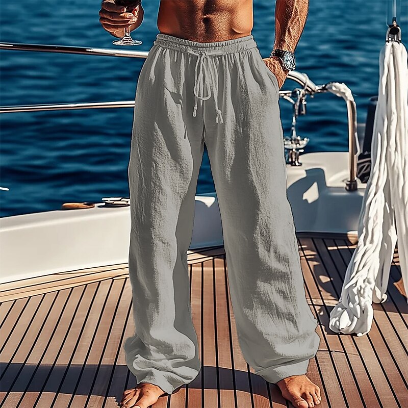 Men's Linen Pants Trousers Summer Pants Beach Pants Pocket Drawstring Plain Comfort Breathable Vacation Daily Holiday Hawaiian Boho Black White