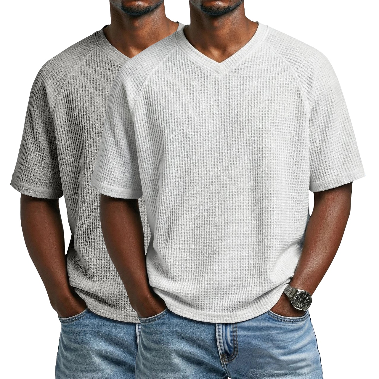 2PCS Men's Waffle T-shirt Tee Top Short Sleeve V Neck Summer Solid Color Textured Fashion Designer Casual 2 Piece Multi-pack Raglan Sleeves Casual Daily Outdoor White Black Top Tee for Men