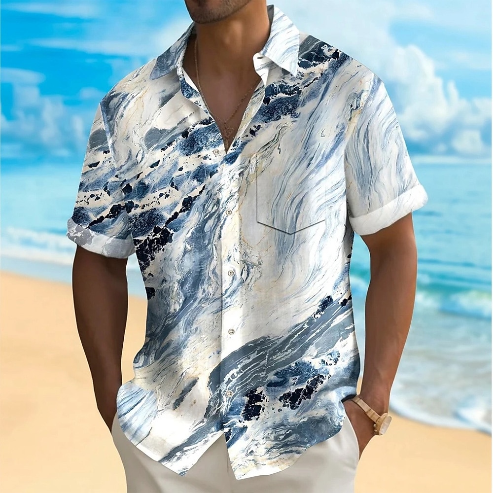 Men's Geometric Marble Abstract Art Shirt Summer Shirt Button Up Shirt Short Sleeve Fashion Casual Outdoor Vacation Dailywear Summer Spring Turndown 3D Print Collared Shirts Front One Pocket Khaki