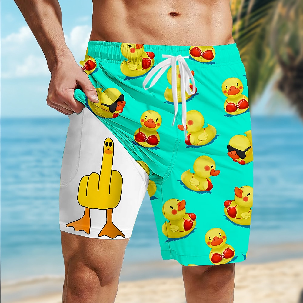 Men's Little Yellow Duck Funny Lined Shorts 2 in 1 Board Shorts Swim Shorts Mid Waist Hawaiian Vacation Beach Wear Side Pockets With Compression Liner Elastic Drawstring Waist Designer Clothing