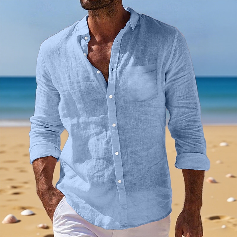 Men's Shirt Linen Shirt Summer Shirt Button Down Shirt Beach Shirt Untucked Shirts Plain Vacation Daily Wear Black White Light Green Pink Long Sleeve Turndown Summer Spring &  Fall Clothing Apparel