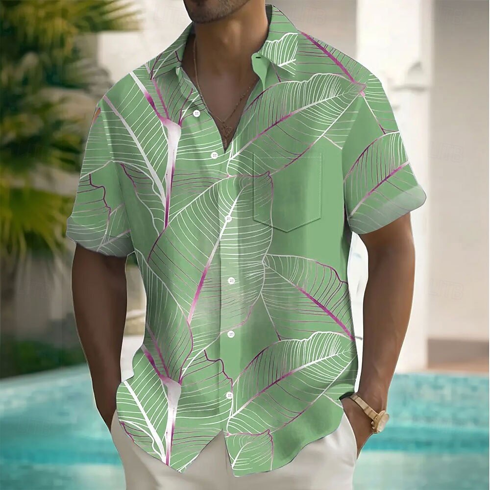 Men's Palm Leaf Tropical Plants Summer Hawaiian Shirt Button Up Shirt Short Sleeve Hawaiian Resort Vacation Holiday Beach Wear Summer Spring Turndown Collared Shirts Front One Pocket Pink Blue Mint