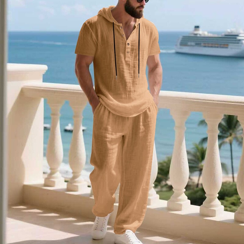 Men's T-shirt Suits Shirt and Pant Sets 2 Pieces Outfits Short Sleeve Hooded Summer Spring Plain Fashion Casual Drawstring 2 Piece Buttons Vacation Daily Wear Going out Black White Yellow Top Tee for