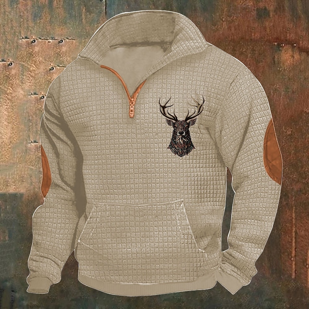 Men's Waffle Sweatshirt Quarter Zip Sweatshirt Black Navy Blue Khaki Dark Gray Gray Half Zip Reindeer Print Christmas Daily Holiday Streetwear Casual Spring &  Fall Clothing Apparel Hoodies