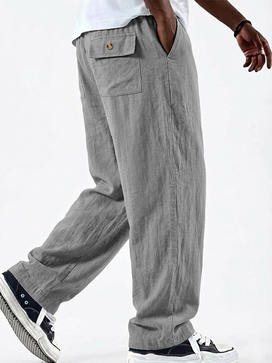 Men's Linen Pants Trousers Summer Pants Baggy Pants Pocket Elastic Waist Straight Leg Solid Color Plain Comfort Comfortable Full Length Casual Daily Holiday Vacation Fashion Blue Black Inelastic