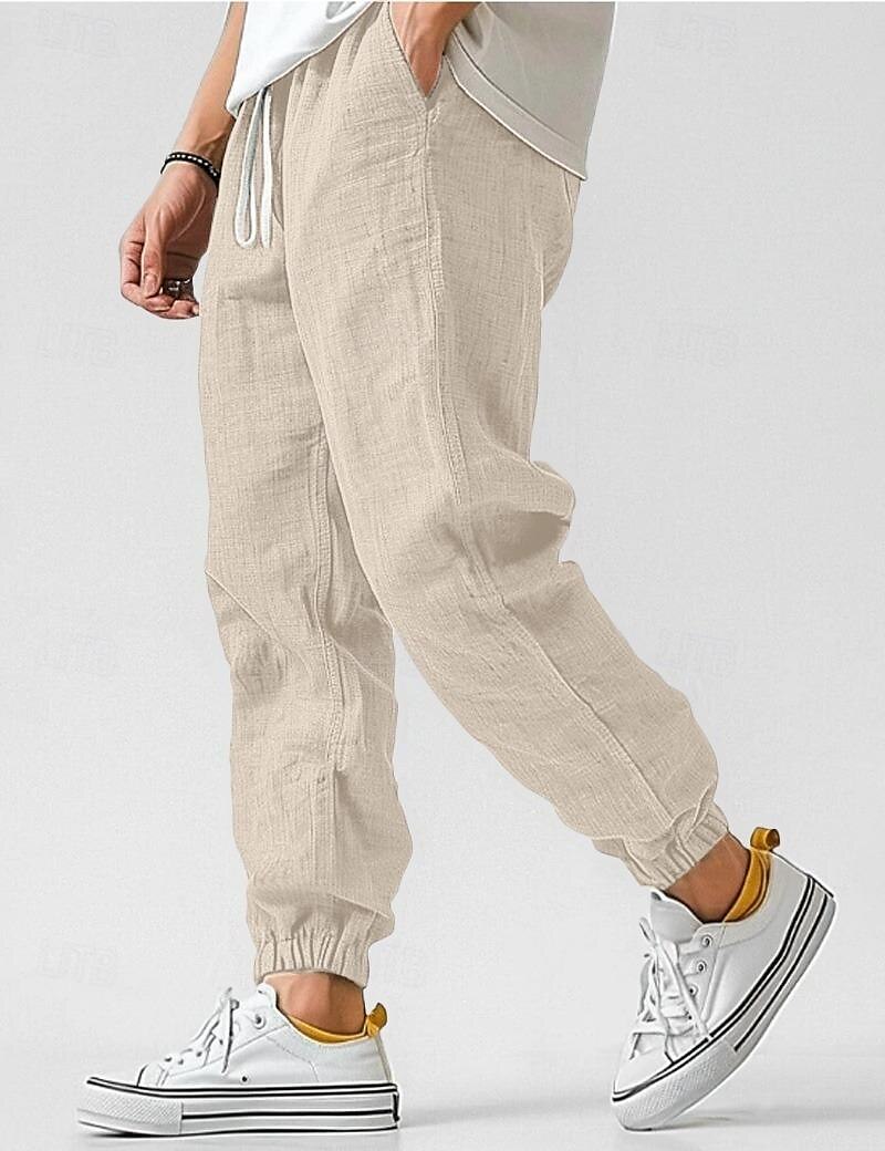 Men's Linen Pants Trousers Summer Pants Elastic Waist Straight Leg High Rise Solid Color Comfort Breathable Full Length Wedding Holiday Vacation Fashion Gray Green Black High Waist Inelastic