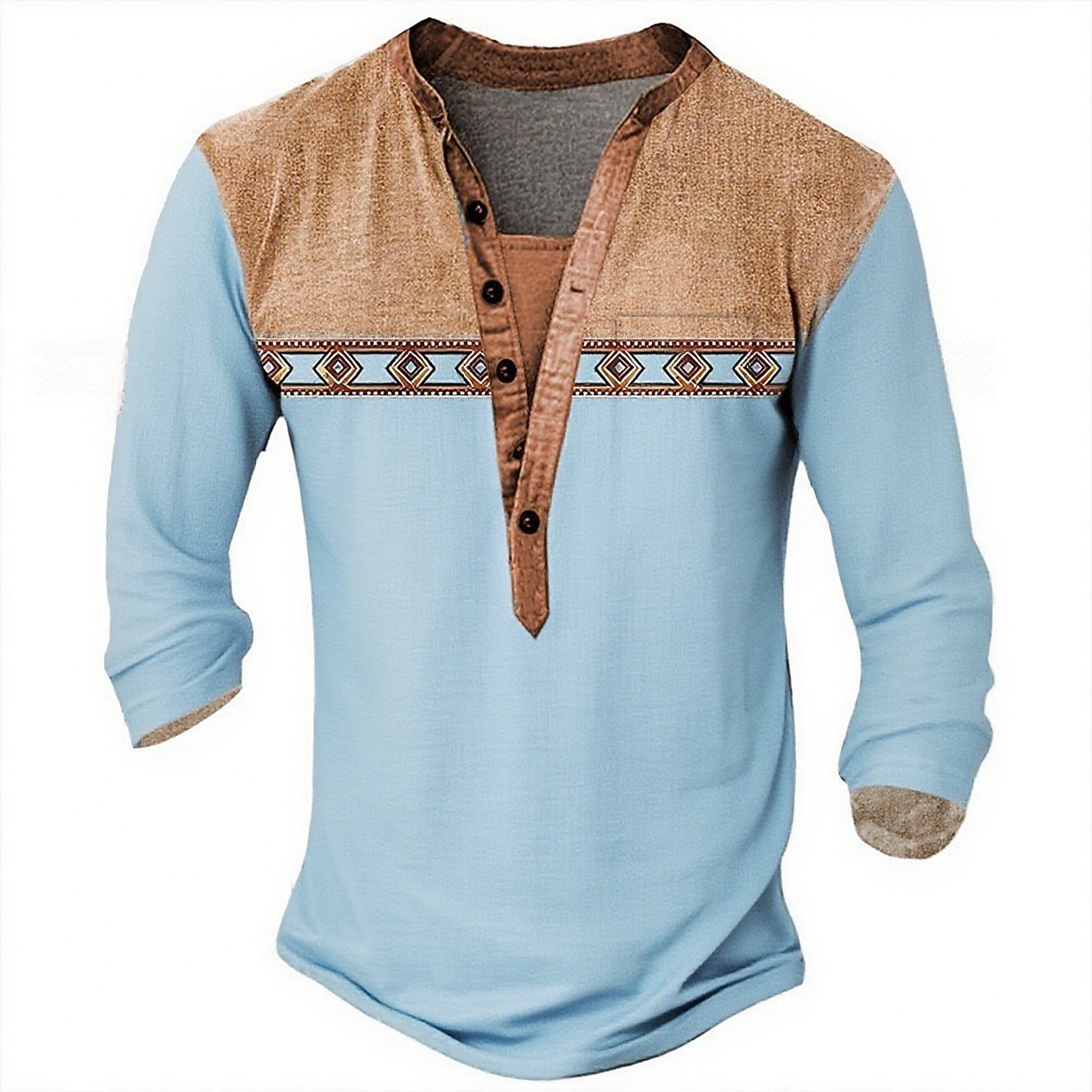 Men's Geometric Ethnic Henley Shirt Tee Long Sleeve Ethnic Casual Summer Spring Fall Lake blue Dark Gray Black Green Light Blue Henley Henley T-Shirt