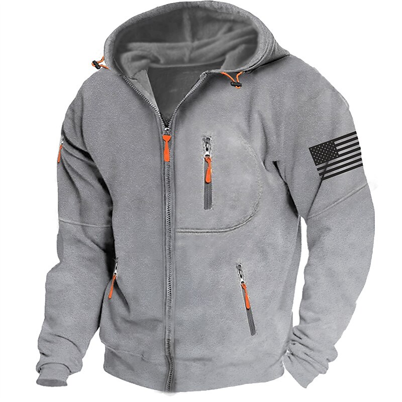 Tactical Military National Flag Fashion Daily Casual Men's Hoodie Outerwear Zip Hoodie Vacation Going out Streetwear Hoodies Dark Blue Dark Gray Gray Hooded Print Spring &  Fall Designer