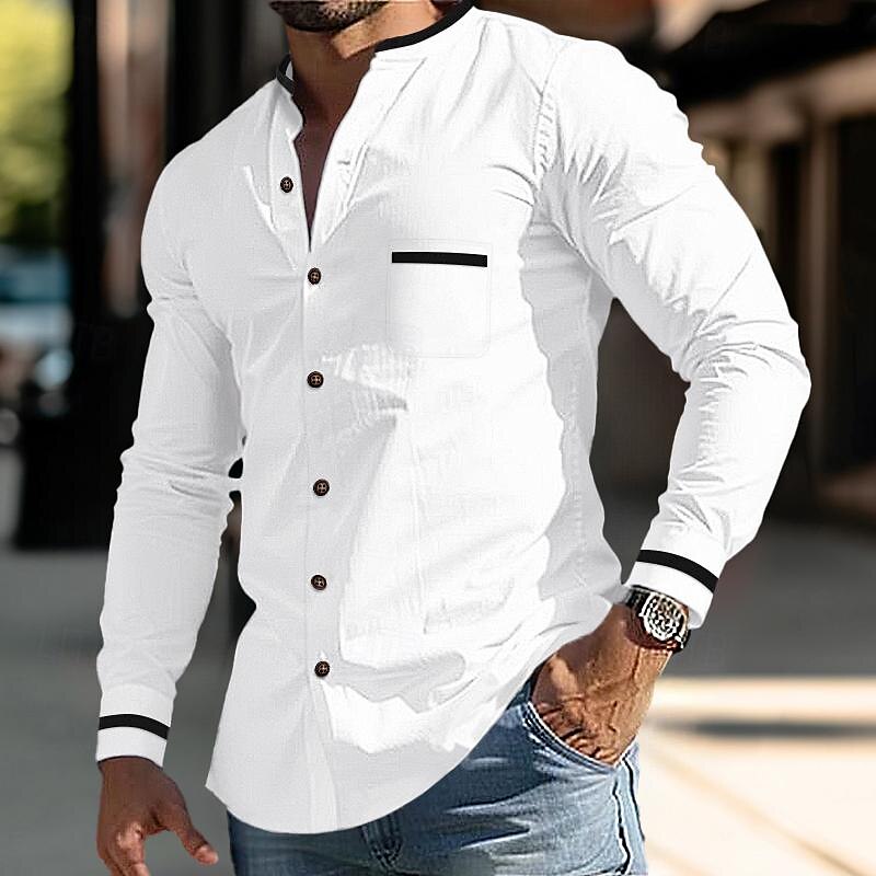 Men's Shirt Button Up Shirt Summer Shirt White Dark Blue Light Blue Gray Long Sleeve Color Block Stand Collar Daily Vacation Front Pocket Clothing Apparel Fashion Casual Smart Casual