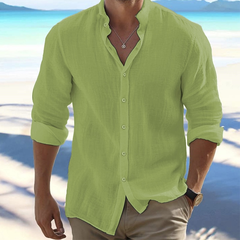 Men's Linen Shirt Shirt Button Up Shirt Summer Shirt Beach Shirt Black White Pink Long Sleeve Plain Band Collar Spring & Summer Casual Daily Clothing Apparel