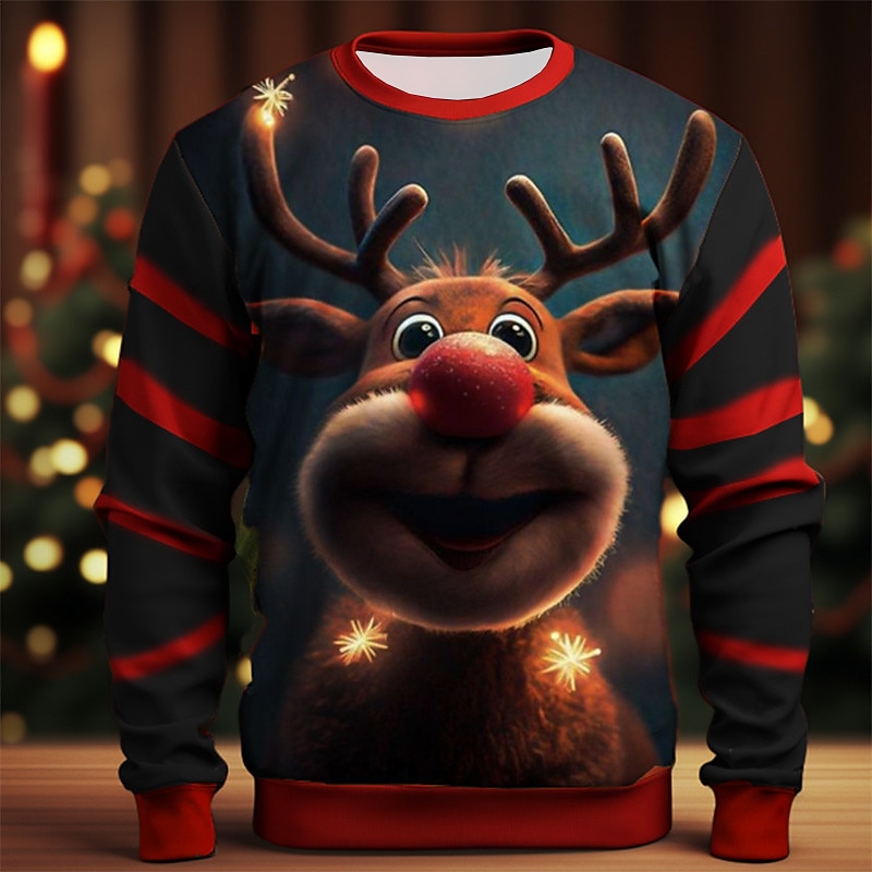 Graphic Elk Men's Fashion 3D Print Pullover Sweatshirt Christmas Holiday Vacation Sweatshirts Dark Yellow Black Long Sleeve Crew Neck Print Spring &  Fall Designer Hoodie Sweatshirt