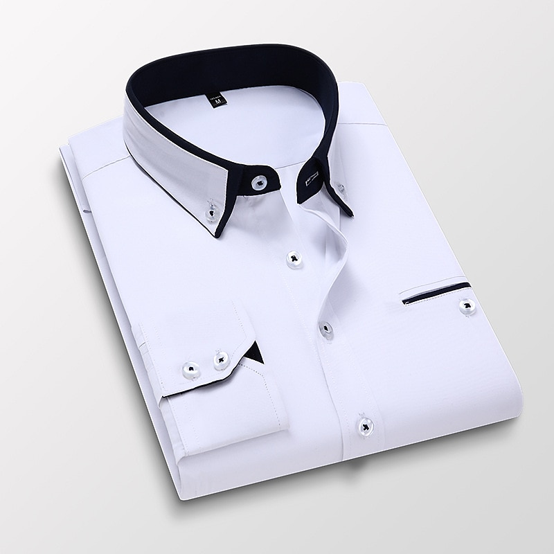 Men's Button Down Collared Non Iron Long Sleeve Plain Collar All Seasons Wedding Work Clothing Apparel Dress Shirt