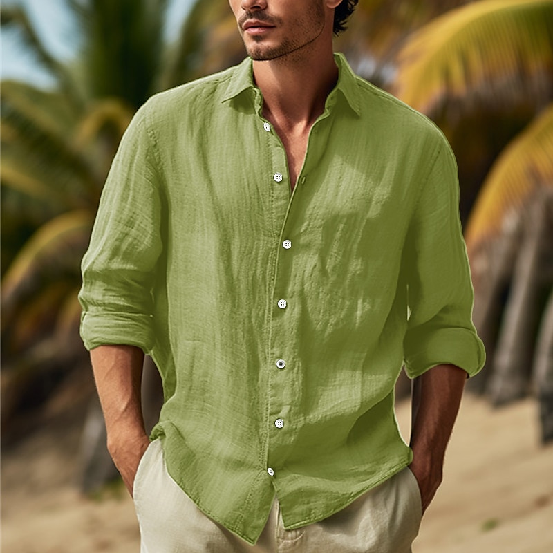 Men's Shirt Linen Shirt Button Up Shirt Summer Shirt Beach Shirt Army Green Long Sleeve Plain Lapel Spring & Summer Casual Daily Clothing Apparel
