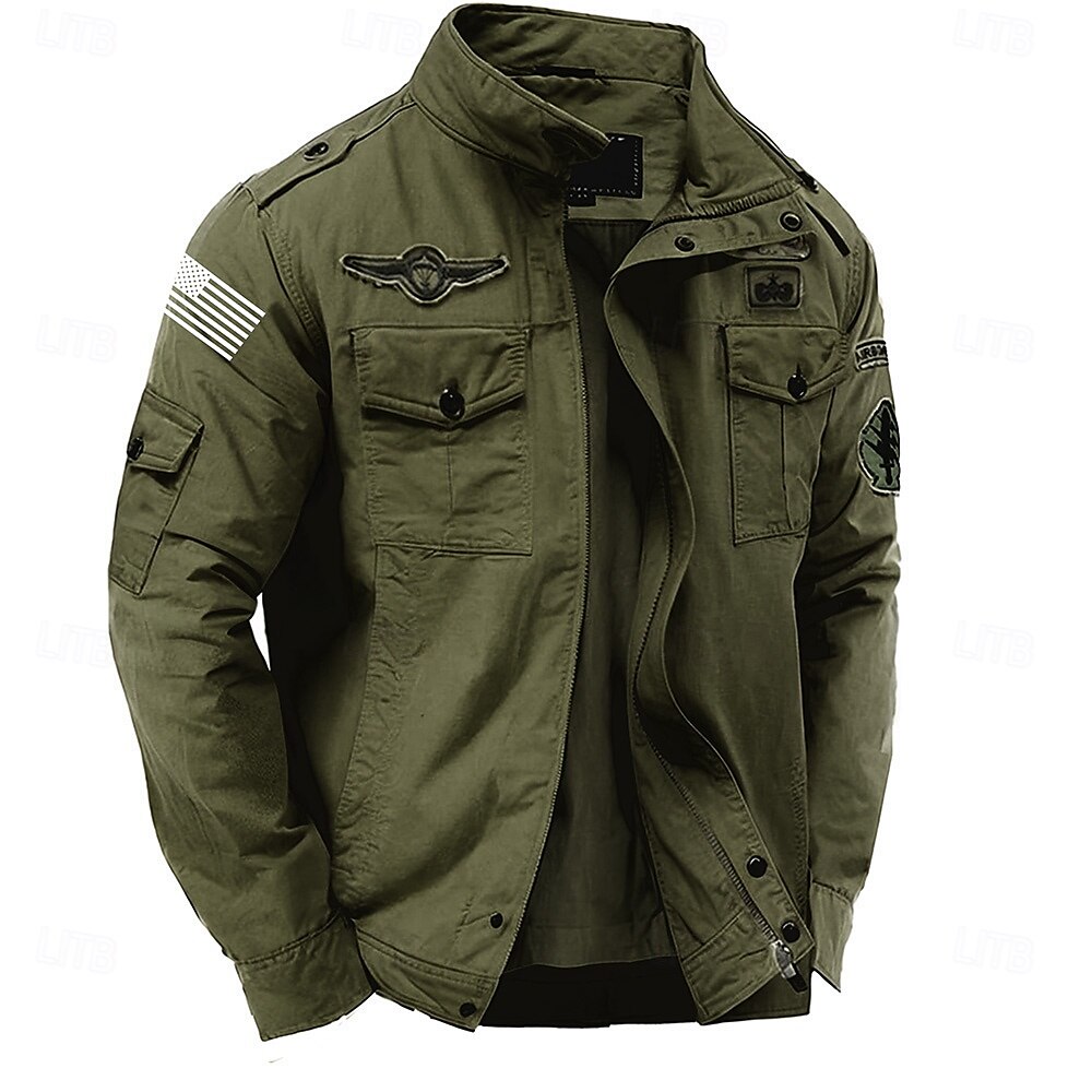 American US Flag Print Embroidered Men's Cargo Jacket Coat Side Pockets Zip Front Regular Fit Standing Collar Long Sleeve Cotton Jacket Breathable Comfortable Sports Outdoor Military Style Jacket