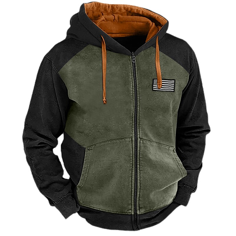 Men's Hoodie Zip Up Hoodies Outerwear White Blue Brown Green Hooded Color Block National Flag Sports & Outdoor Daily Holiday Vintage Streetwear Cool Spring &  Fall Clothing Apparel Hoodies