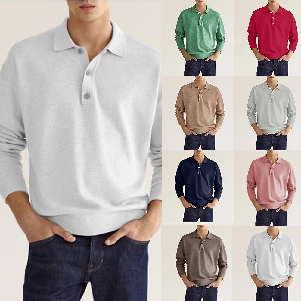 Men's Golf Shirt Knit Polo Street Casual Polo Collar Classic Long Sleeve Streetwear Basic Solid Color Plain Button Front Spring Fall Regular Fit Dark Khaki White Pink Red Navy Blue Mint Green Golf