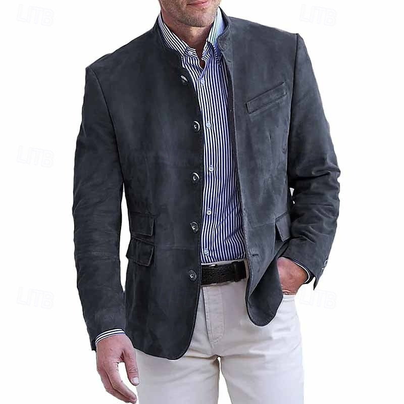 Men's Lightweight Jacket Casual Jacket Faux Suede Jacket Going out Soft Buckle Spring &  Fall Casual Stand Collar Regular Black Navy Blue Khaki Army Green Dark Gray Jacket