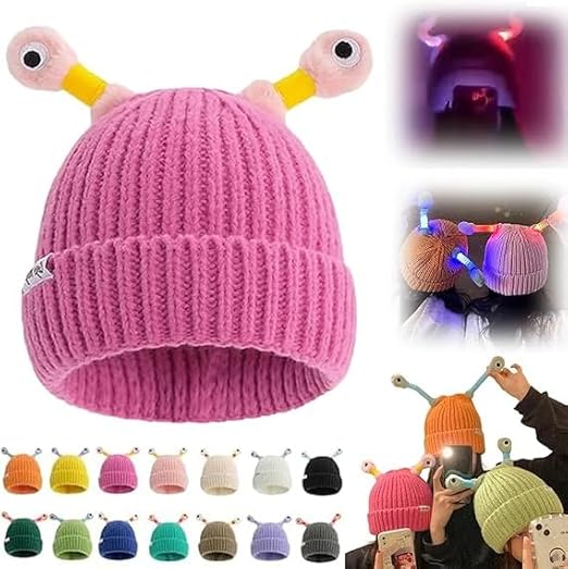 Christmas Gifts Knitted Beanie, Cartoon Glowing Little Monster Knit Hat with Eyes, Retractable Tentacles Beanie Funny Monster LED Knit Beanie
