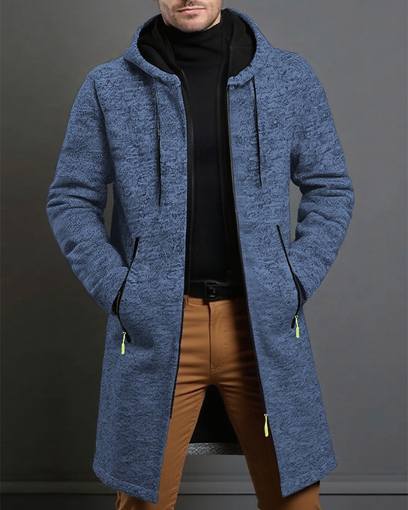 Men's Overcoat Trench Coat Long Trench Coat Vacation Daily Spring Winter Polyester Windproof Warm Outerwear Clothing Apparel Fashion Classic Plain Pocket Hooded Zipper