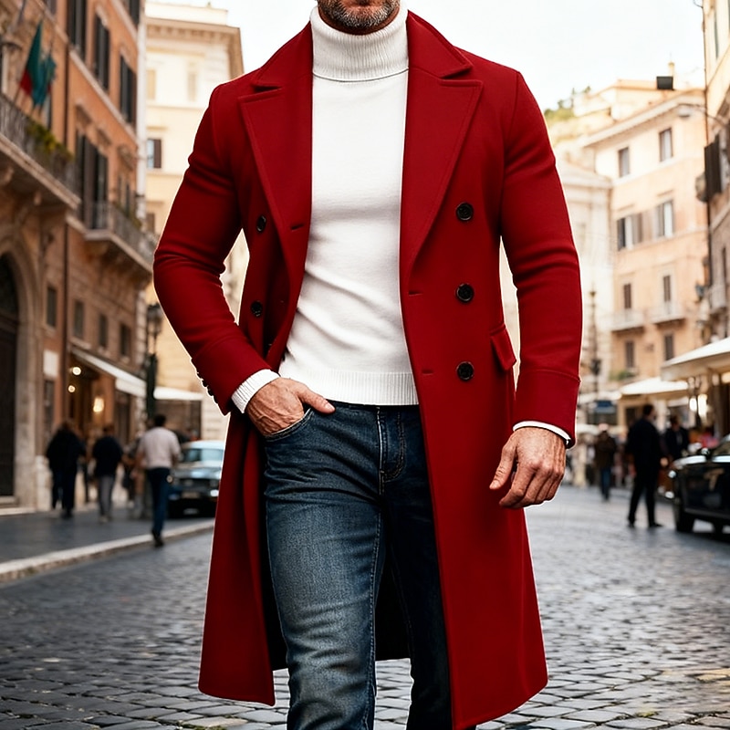 Men's Winter Coat Overcoat Long Trench Coat Trench Coat Outdoor Casual Fall Winter  Thermal Warm Outerwear Clothing Apparel Classic Plain Pocket Notch lapel collar